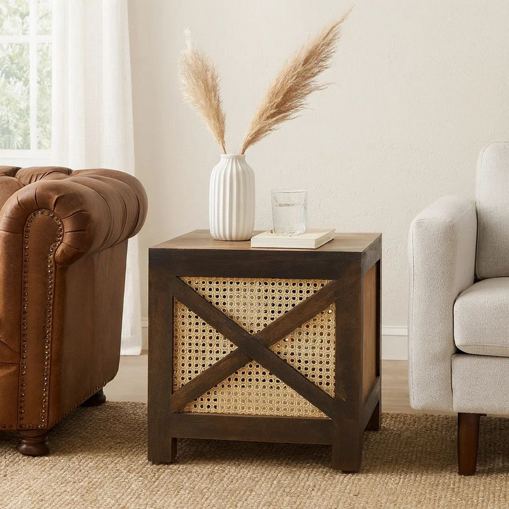 Accent Ottoman Table, 16" Square, Boho Style, Cane Wicker Frame