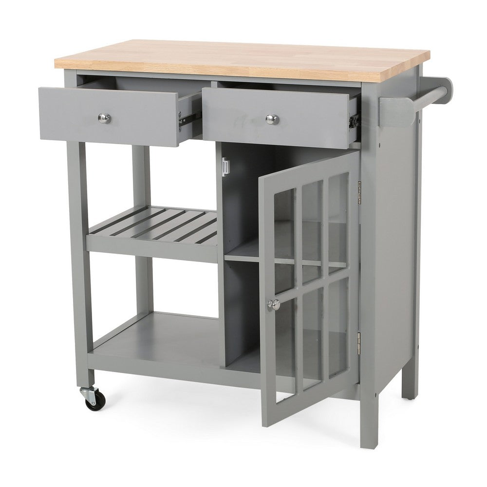 Rolling Kitchen Island Bar Cart, 1 Glass Door, Gray n Natural Brown