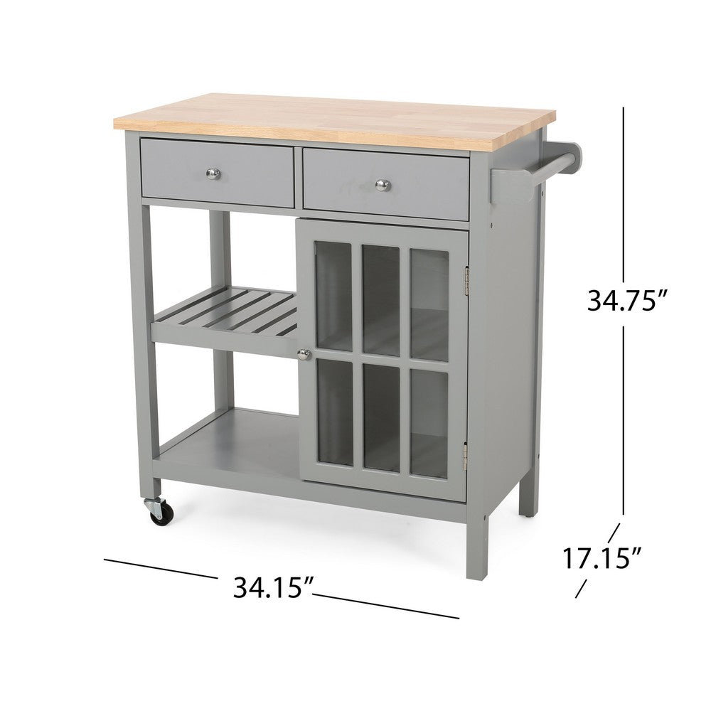 Rolling Kitchen Island Bar Cart, 1 Glass Door, Gray n Natural Brown