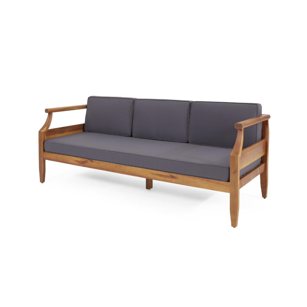 Gail Outdoor Sofa, Dark Gray Cushions, Natural Brown Acacia Wood Frame
