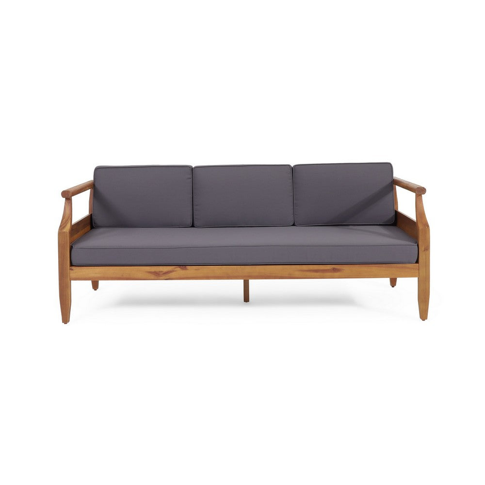 Gail Outdoor Sofa, Dark Gray Cushions, Natural Brown Acacia Wood Frame