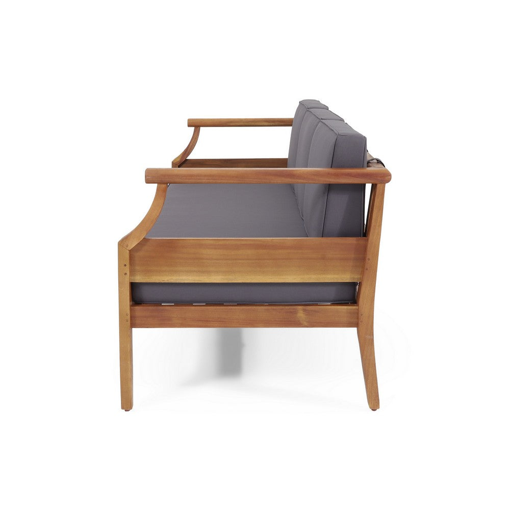 Gail Outdoor Sofa, Dark Gray Cushions, Natural Brown Acacia Wood Frame