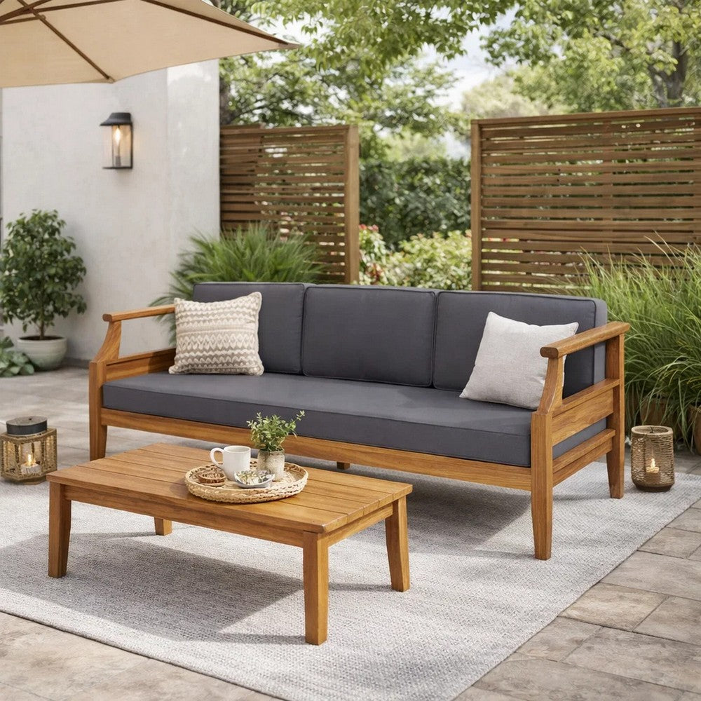 Gail Outdoor Sofa, Dark Gray Cushions, Natural Brown Acacia Wood Frame
