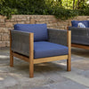 Club Lounge Chair, Woven Rattan Rope, Brown Acacia Wood, Gray Fabric