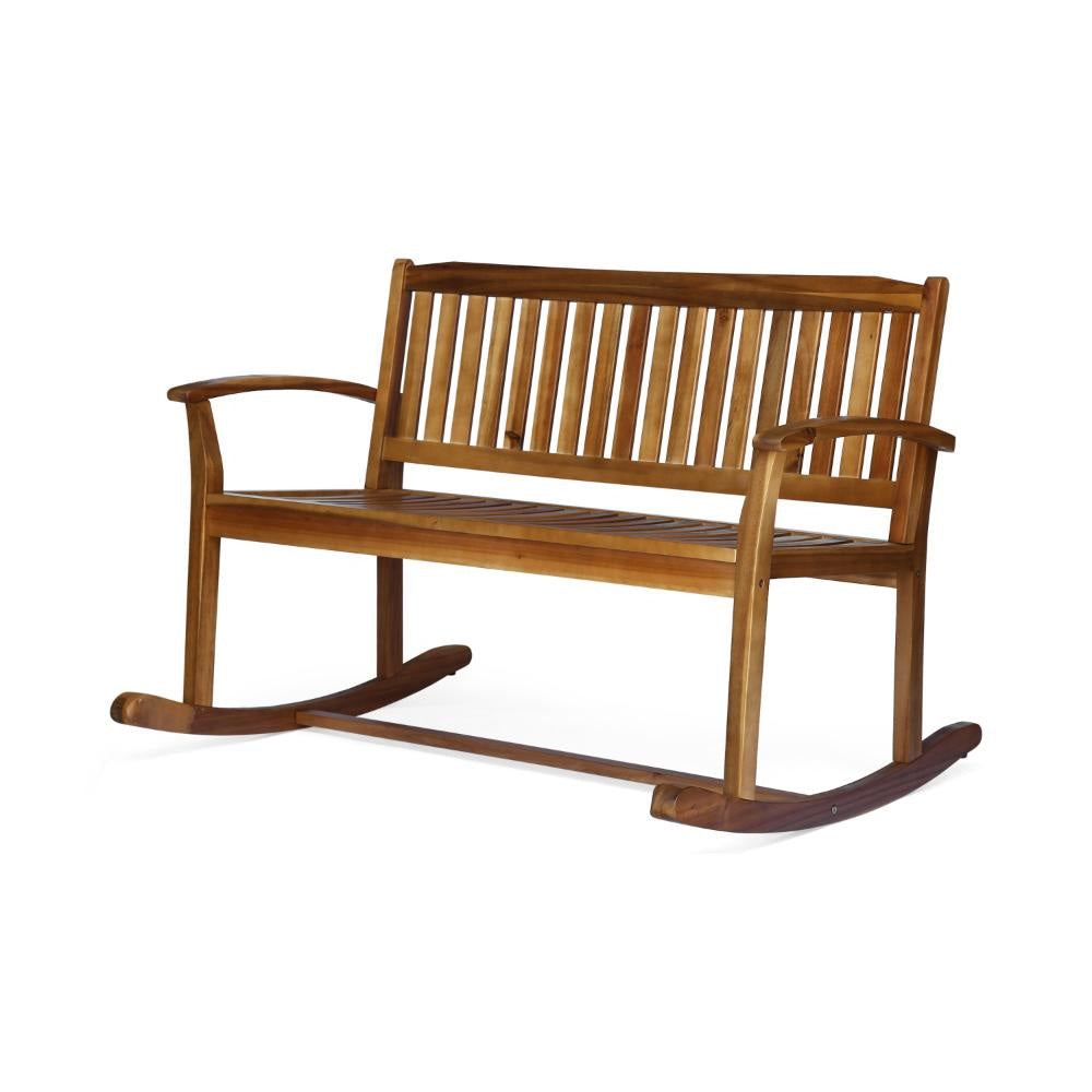 Outdoor Rocking Loveseat Bench, 50 Inch, Natural Brown Acacia Wood