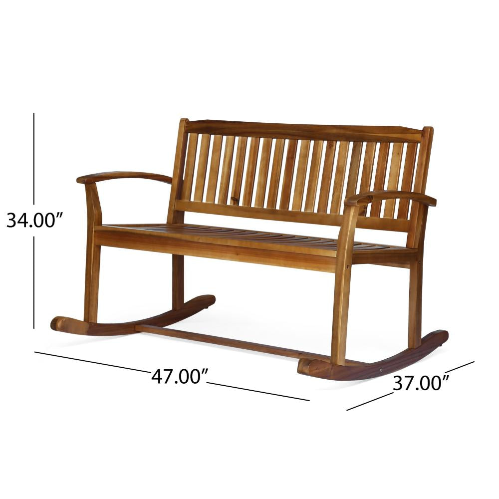 Outdoor Rocking Loveseat Bench 50 Inch Natural Brown Acacia Wood BM325986