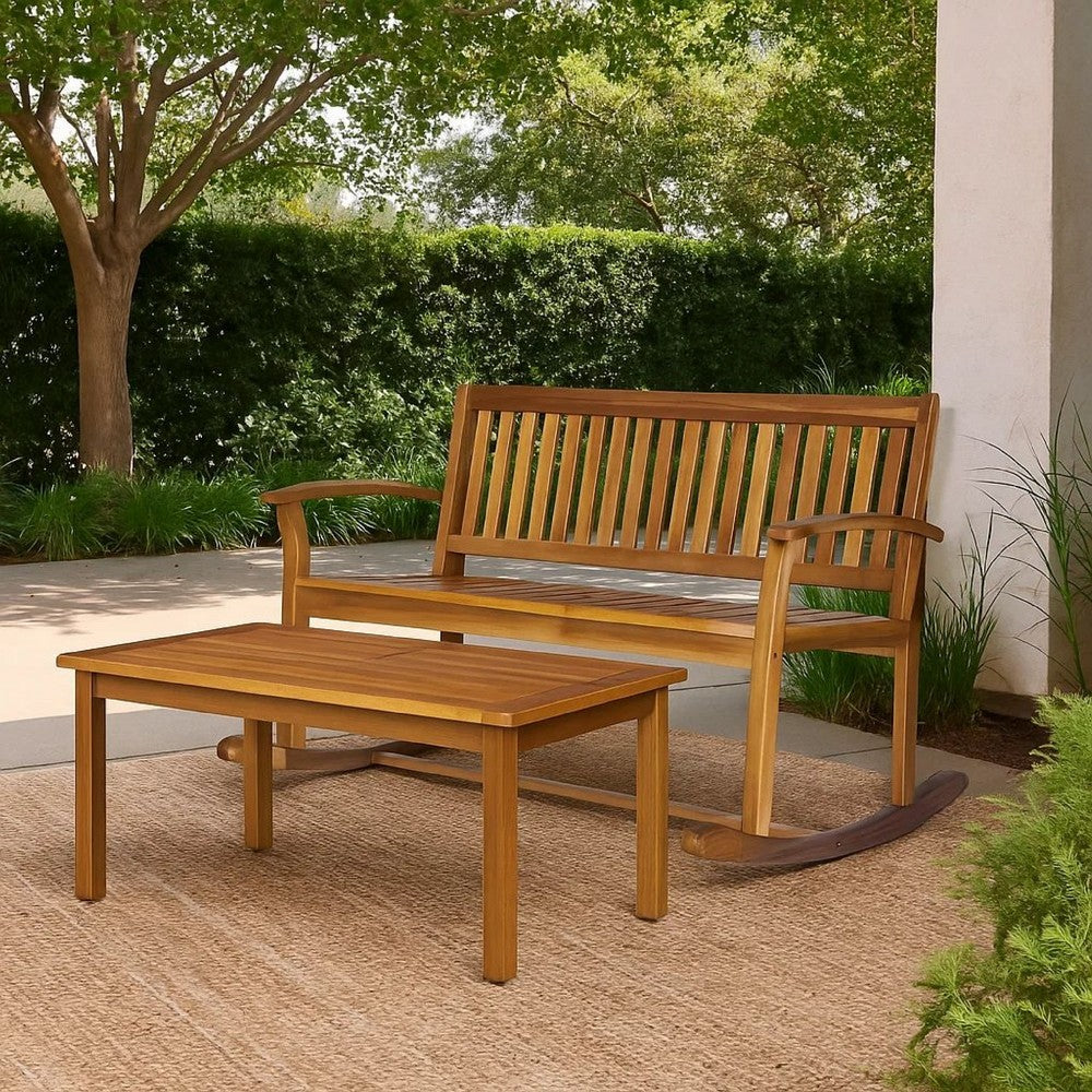 Outdoor Rocking Loveseat Bench, 50 Inch, Natural Brown Acacia Wood