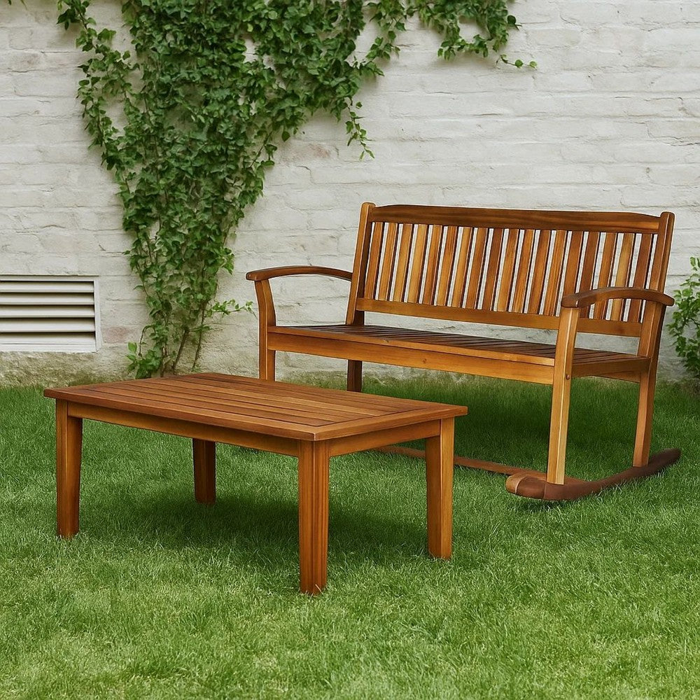 Outdoor Rocking Loveseat Bench, 50 Inch, Natural Brown Acacia Wood