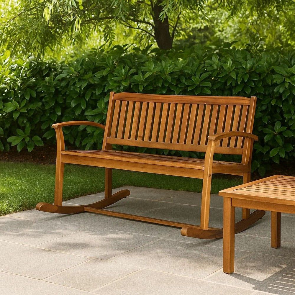 Outdoor Rocking Loveseat Bench, 50 Inch, Natural Brown Acacia Wood