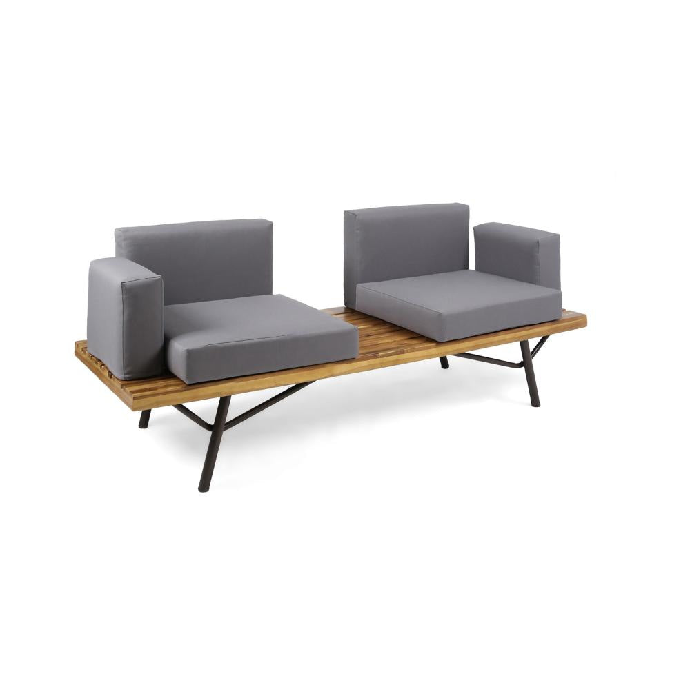 Outdoor 2 Seater Sofa, Attached Center Slatted Table, Black Iron Legs