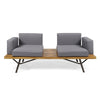 Outdoor 2 Seater Sofa, Attached Center Slatted Table, Black Iron Legs