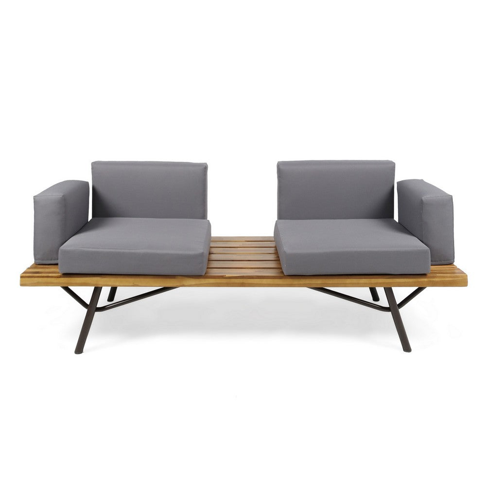 Outdoor 2 Seater Sofa, Attached Center Slatted Table, Black Iron Legs