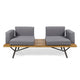 Outdoor 2 Seater Sofa, Attached Center Slatted Table, Black Iron Legs