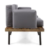 Outdoor 2 Seater Sofa, Attached Center Slatted Table, Black Iron Legs