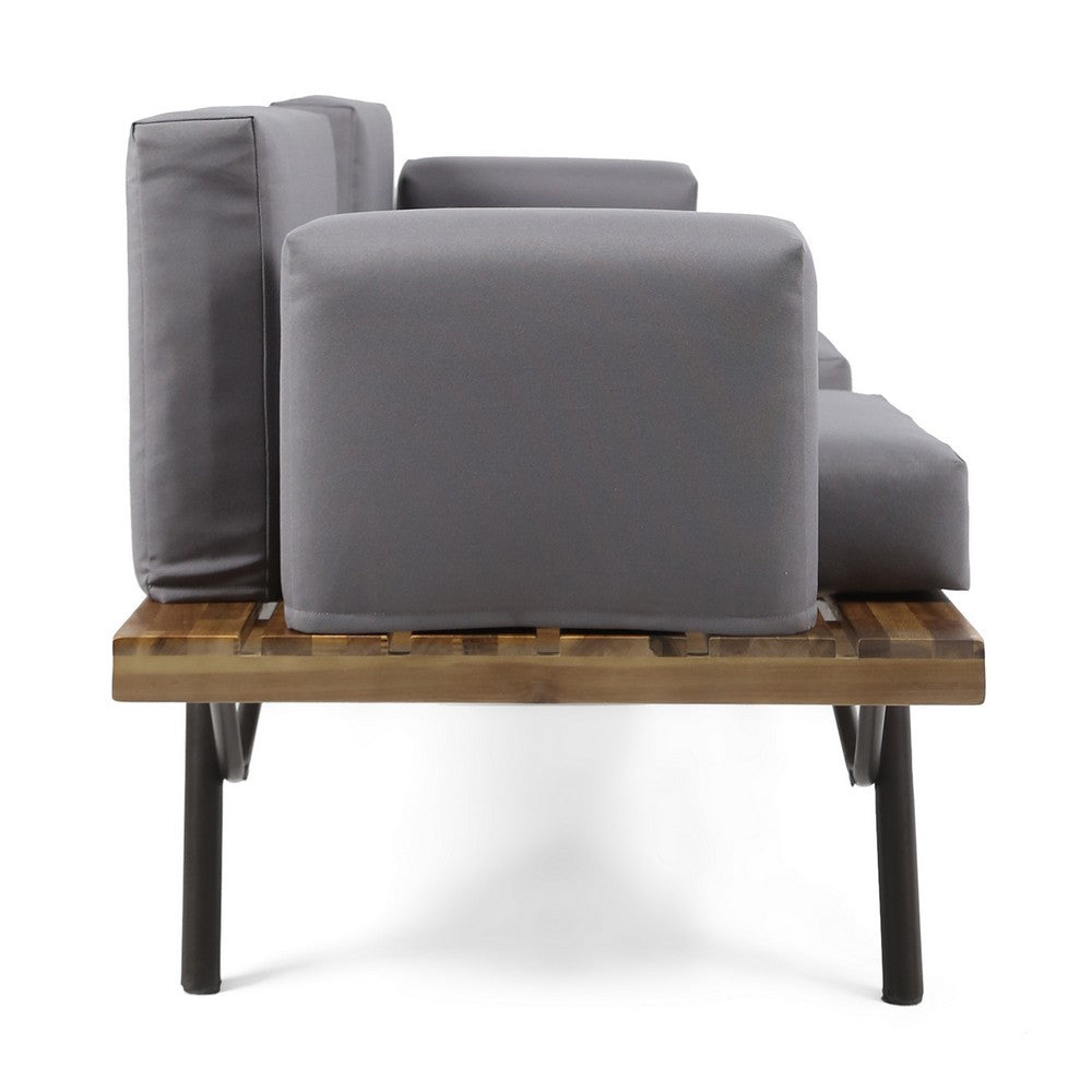 Outdoor 2 Seater Sofa, Attached Center Slatted Table, Black Iron Legs