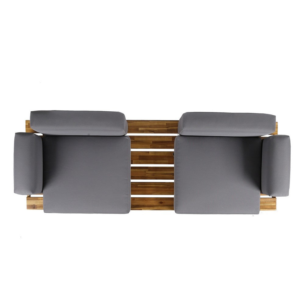 Outdoor 2 Seater Sofa, Attached Center Slatted Table, Black Iron Legs