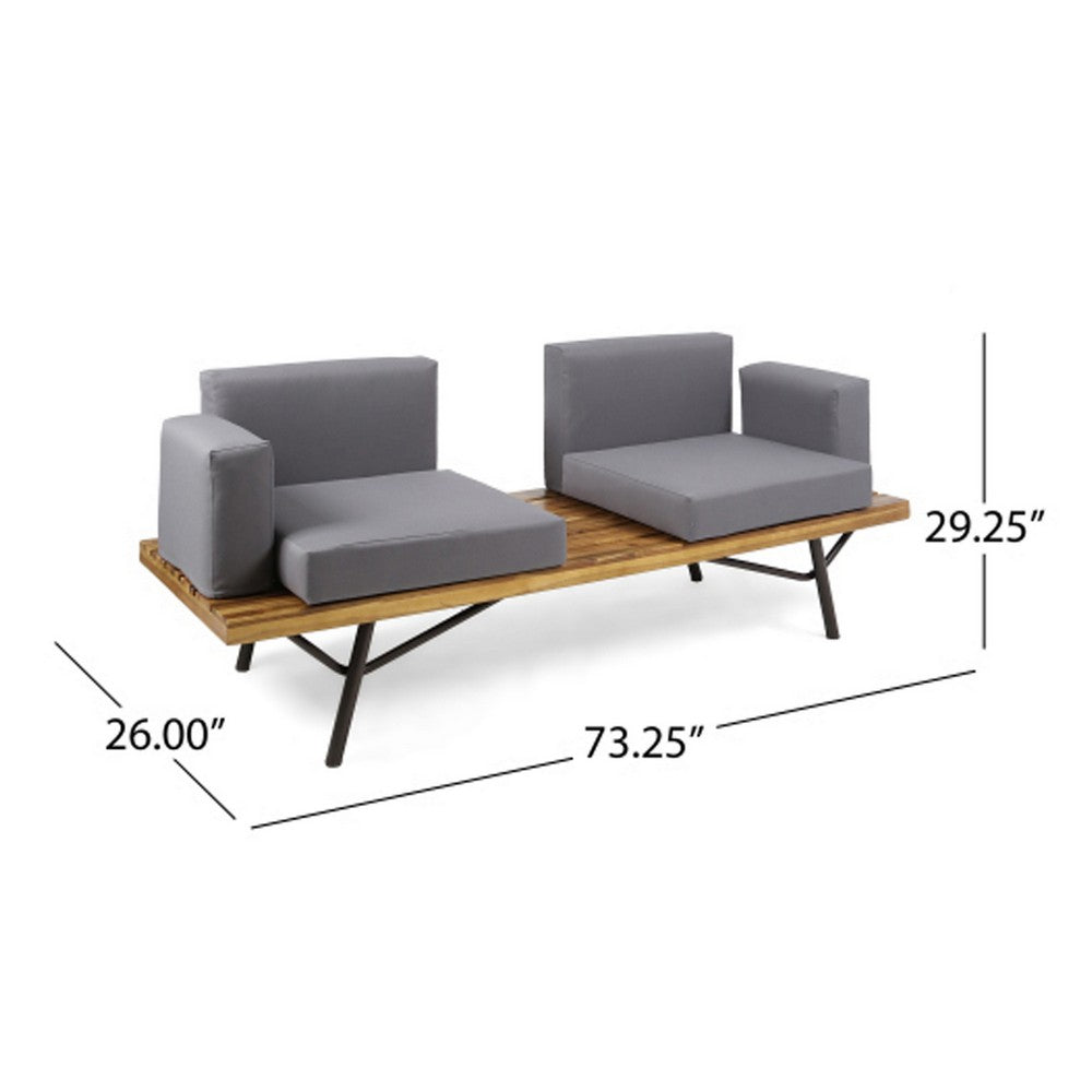 Outdoor 2 Seater Sofa, Attached Center Slatted Table, Black Iron Legs
