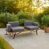 Outdoor 2 Seater Sofa, Attached Center Slatted Table, Black Iron Legs
