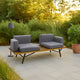 Outdoor 2 Seater Sofa, Attached Center Slatted Table, Black Iron Legs