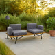 Outdoor 2 Seater Sofa, Attached Center Slatted Table, Black Iron Legs