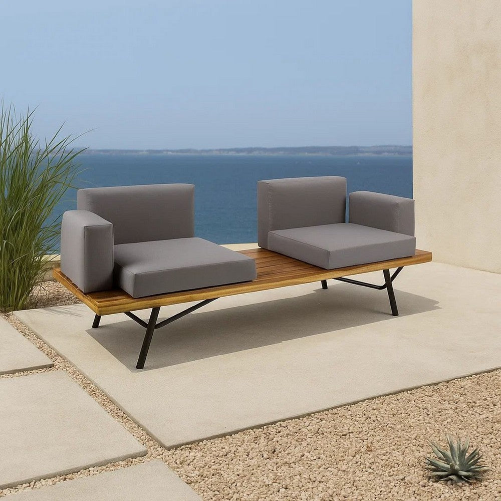 Outdoor 2 Seater Sofa, Attached Center Slatted Table, Black Iron Legs