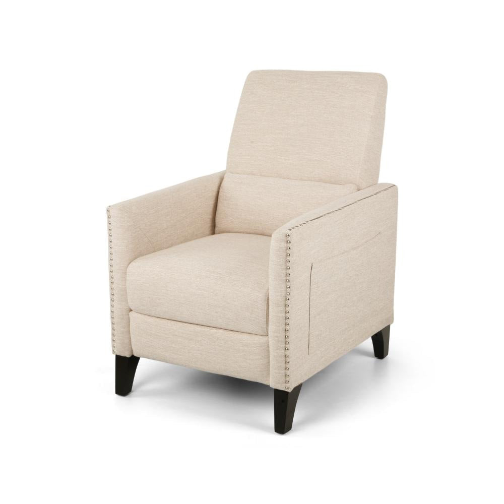 Push Back Manual Recliner Chair, Nailhead Trim Accent, Beige Fabric