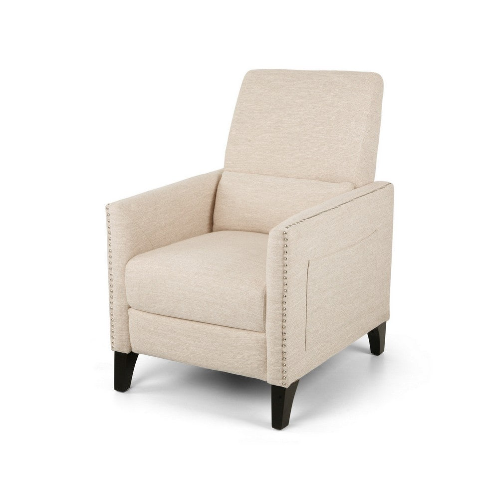 Push Back Manual Recliner Chair, Nailhead Trim Accent, Beige Fabric