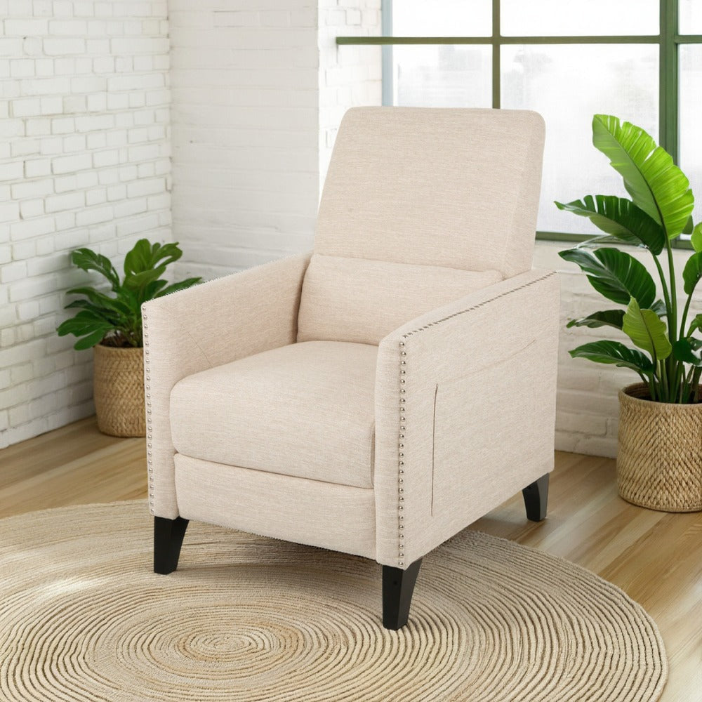 Push Back Manual Recliner Chair, Nailhead Trim Accent, Beige Fabric