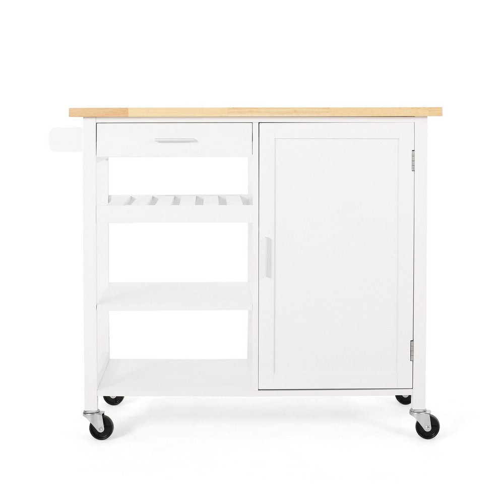 Alex Rolling Kitchen Island Bar Cart with Shelves, Brown Wood, White