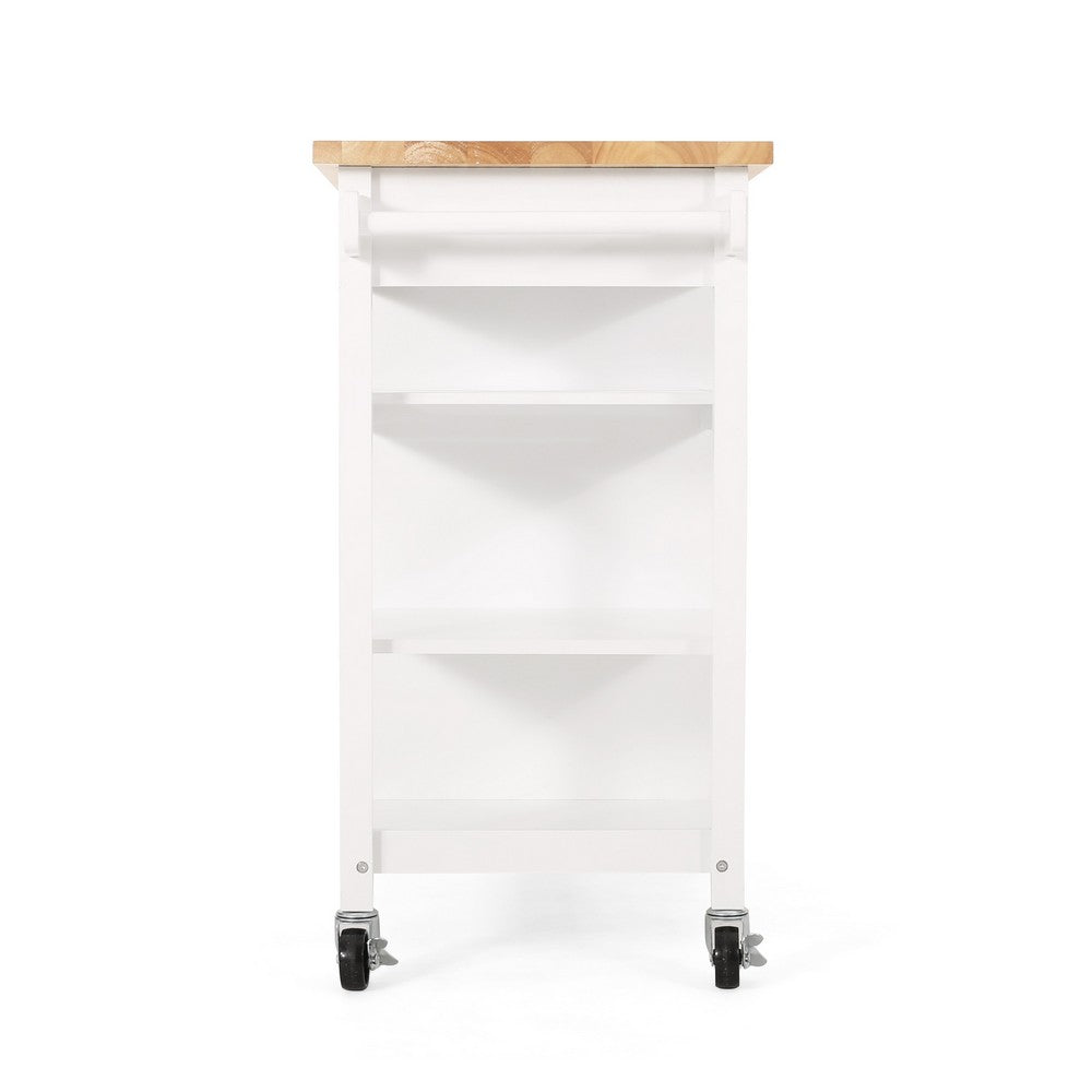 Alex Rolling Kitchen Island Bar Cart with Shelves, Brown Wood, White