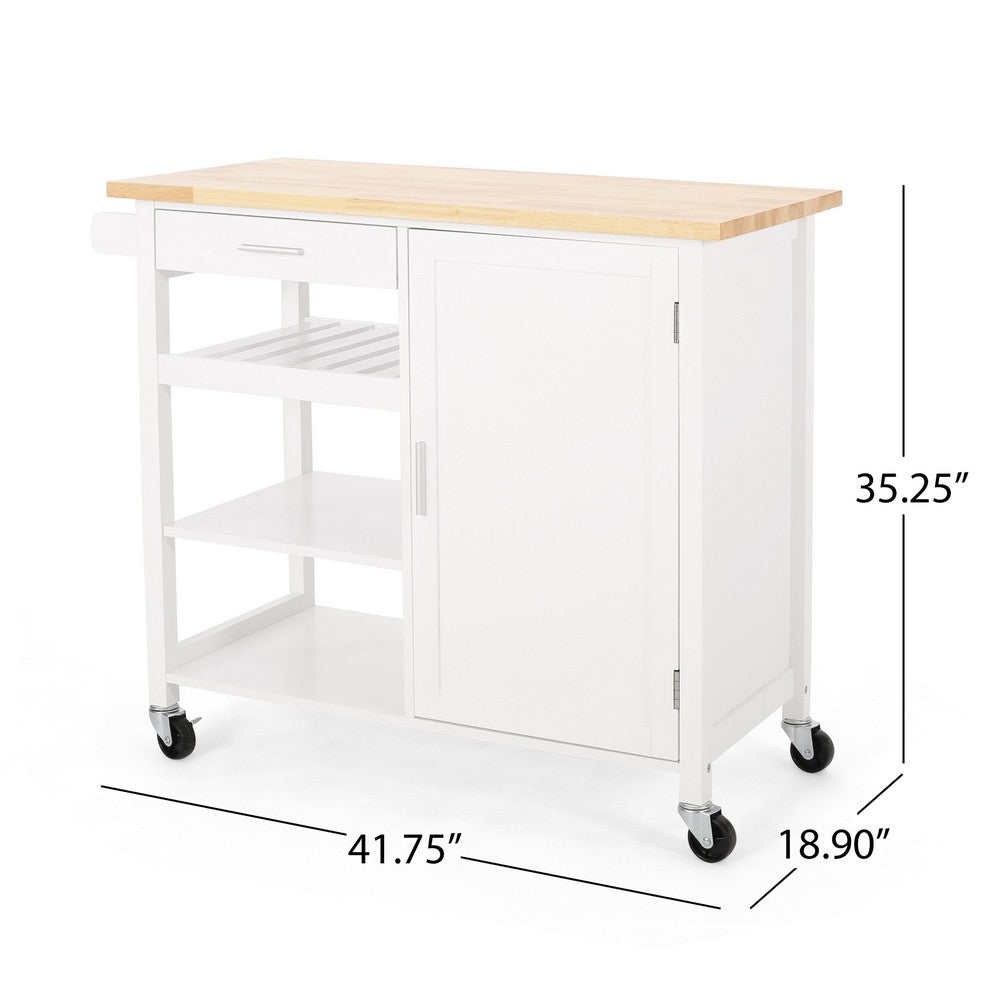 Alex Rolling Kitchen Island Bar Cart with Shelves, Brown Wood, White