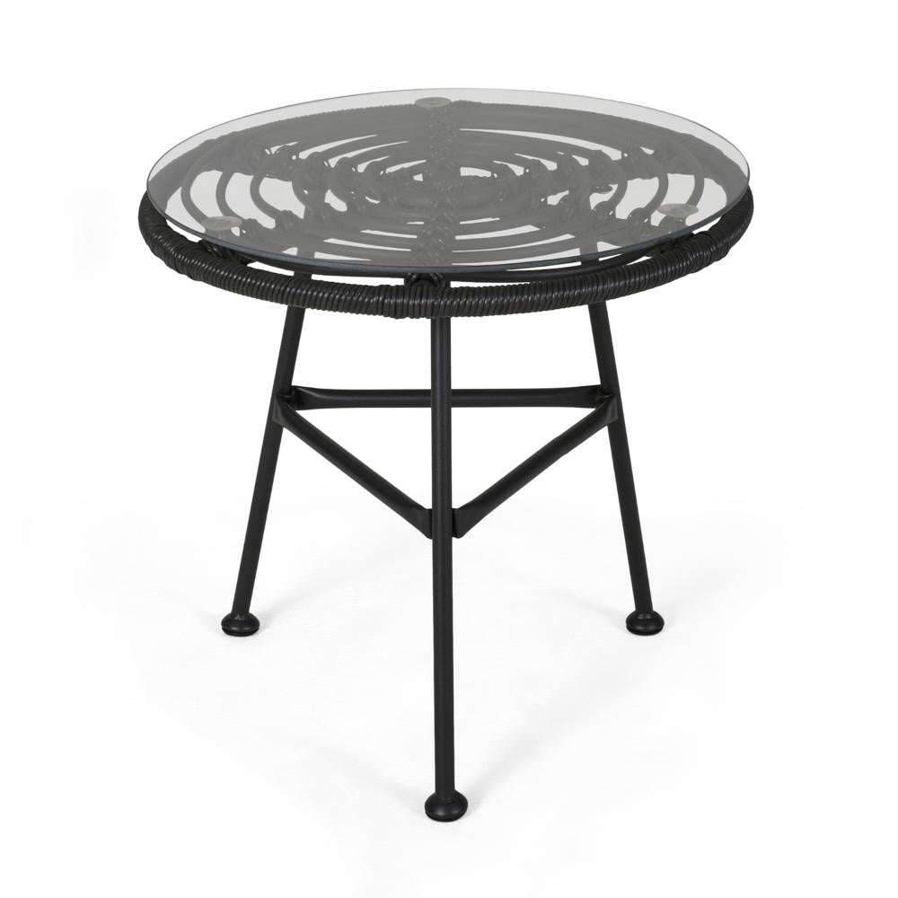 Tee Outdoor Side End Table, 20" Rattan Weave with Glass Top, Gray