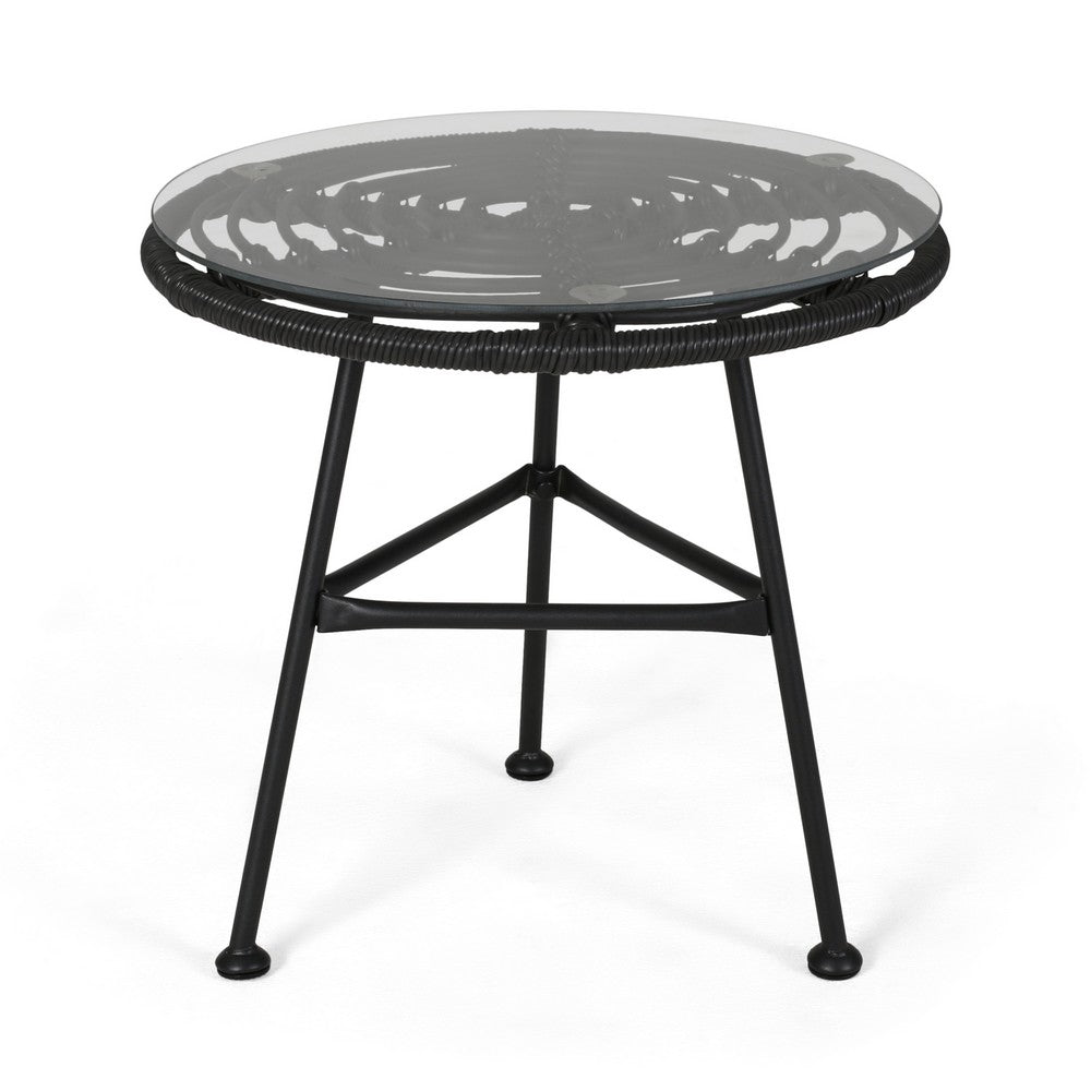 Tee Outdoor Side End Table, 20" Rattan Weave with Glass Top, Gray