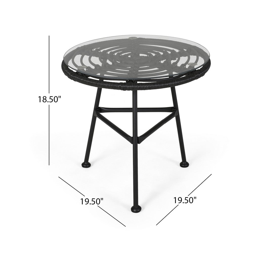 Tee Outdoor Side End Table, 20" Rattan Weave with Glass Top, Gray