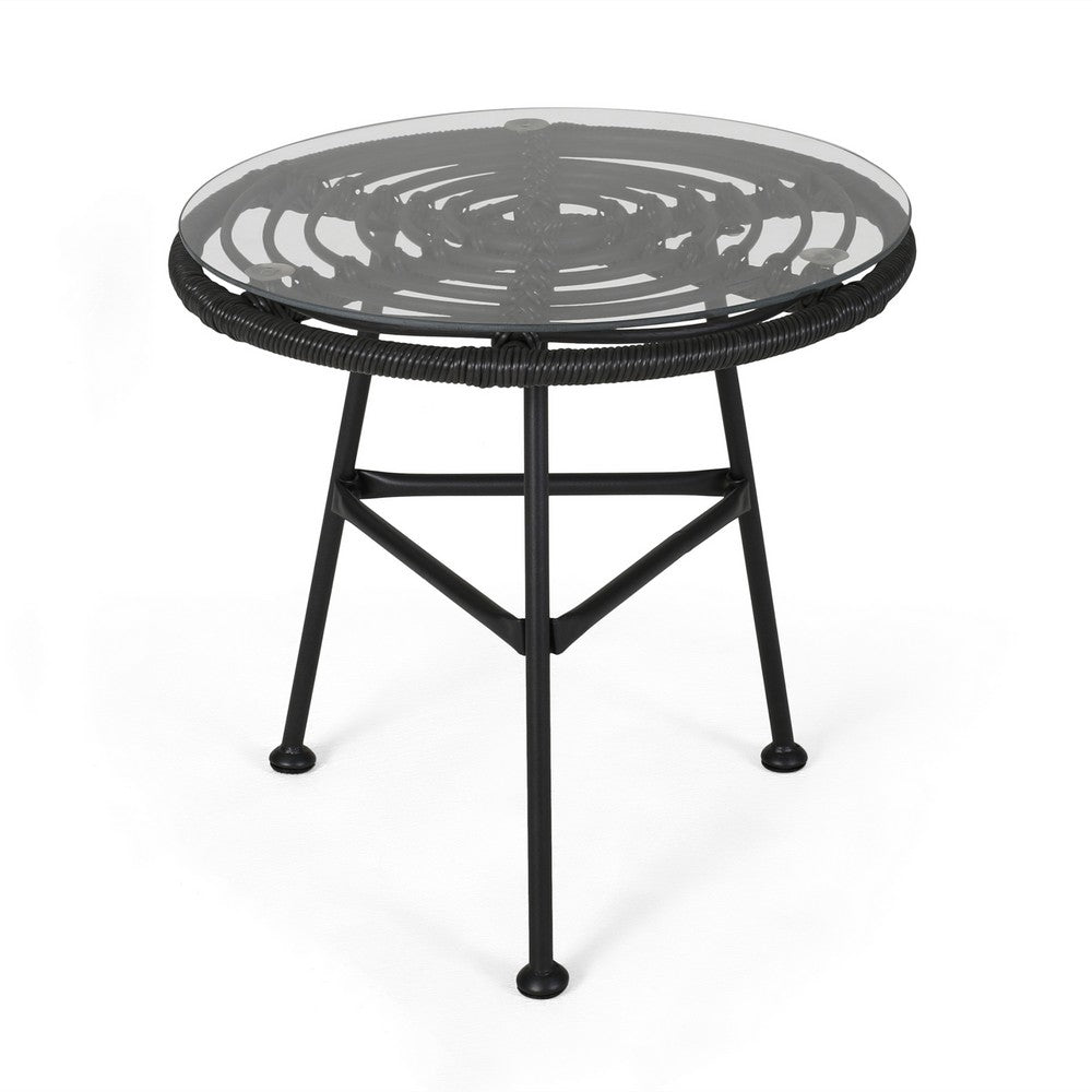 Tee Outdoor Side End Table, 20" Rattan Weave with Glass Top, Gray