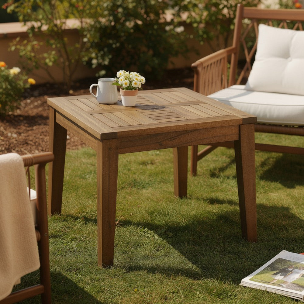 Bops Outdoor Side End Table, 20" Square, Natural Brown Acacia Wood