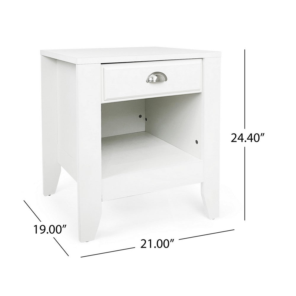 Crown Bedside Nightstand, 21", 1 Drawer and Compartment, White MDF