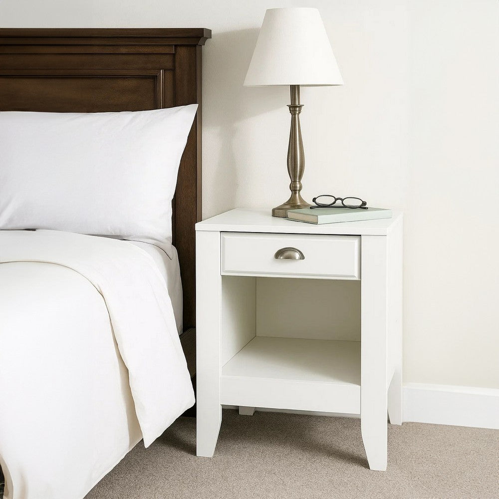 Crown Bedside Nightstand, 21", 1 Drawer and Compartment, White MDF