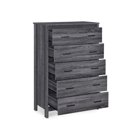 Sifa Tall Dresser Chest, 5 Drawers, Rustic Gray MDF, Black Handles