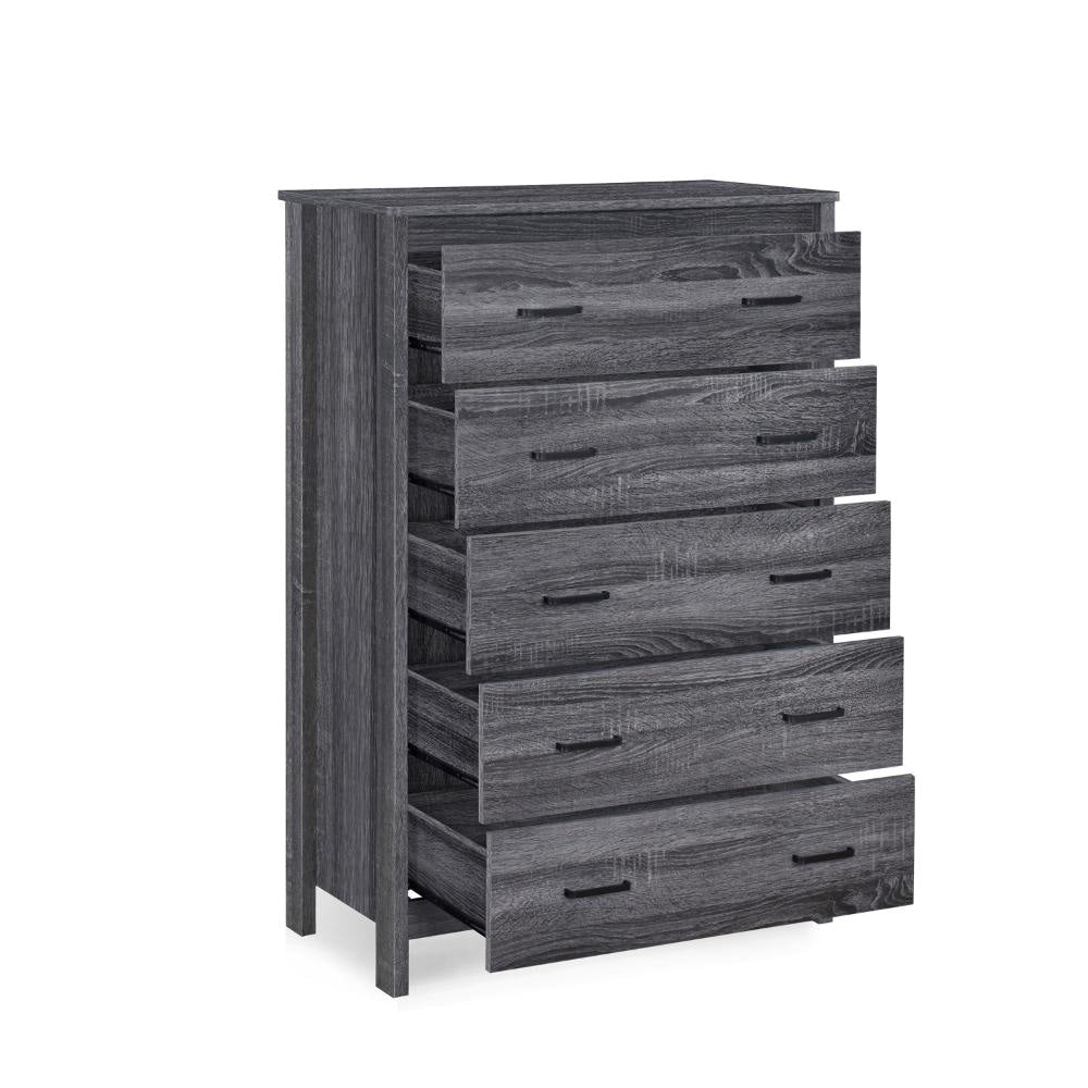 Sifa Tall Dresser Chest, 5 Drawers, Rustic Gray MDF, Black Handles