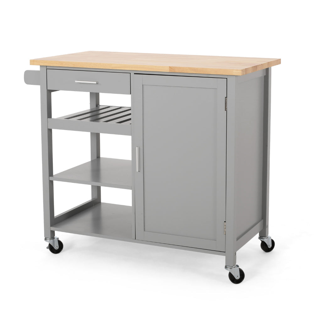 Alex Rolling Kitchen Bar Cart 3 Shelves 1 Cabinet Brown Wood Gray BM326000