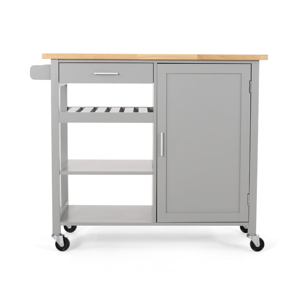 Alex Rolling Kitchen Bar Cart 3 Shelves 1 Cabinet Brown Wood Gray BM326000