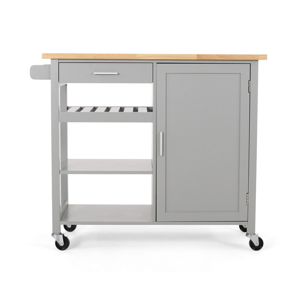 Alex Rolling Kitchen Bar Cart, 3 Shelves, 1 Cabinet, Brown Wood, Gray