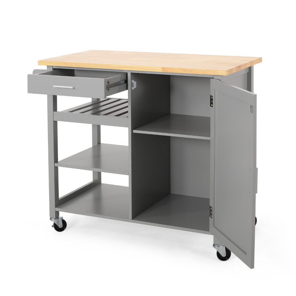 Alex Rolling Kitchen Bar Cart, 3 Shelves, 1 Cabinet, Brown Wood, Gray