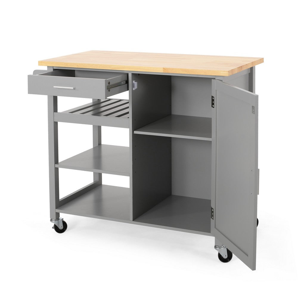 Alex Rolling Kitchen Bar Cart, 3 Shelves, 1 Cabinet, Brown Wood, Gray