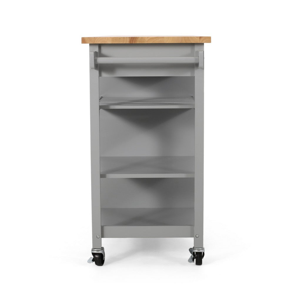 Alex Rolling Kitchen Bar Cart, 3 Shelves, 1 Cabinet, Brown Wood, Gray