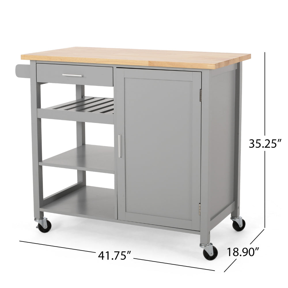 Alex Rolling Kitchen Bar Cart 3 Shelves 1 Cabinet Brown Wood Gray BM326000
