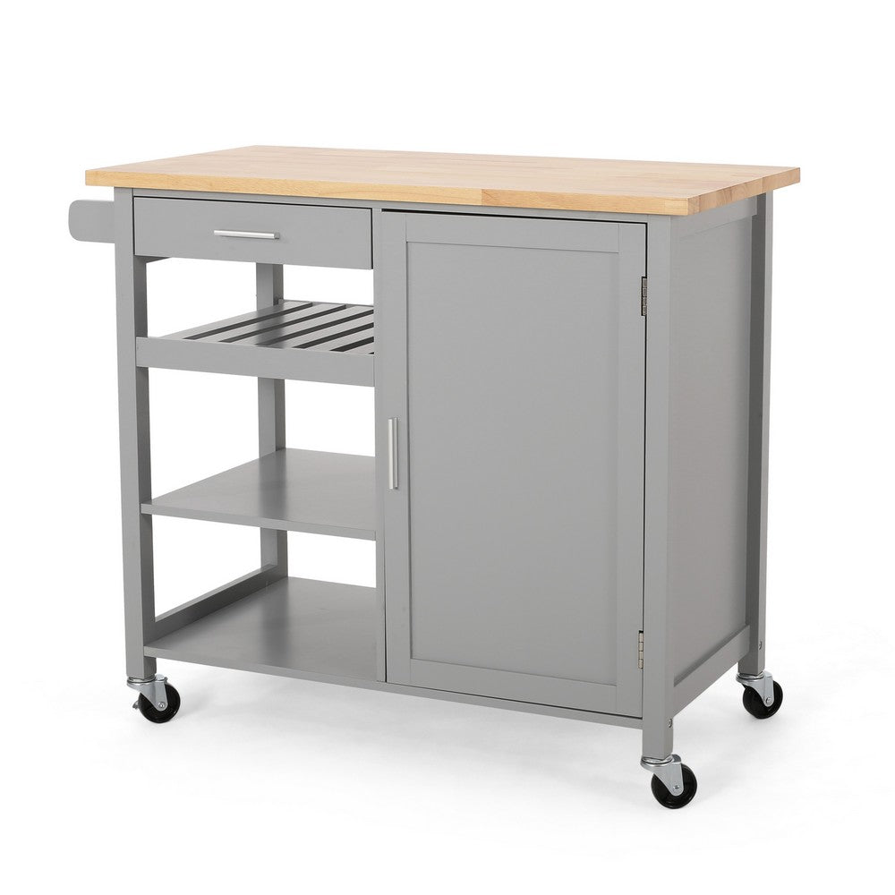 Alex Rolling Kitchen Bar Cart, 3 Shelves, 1 Cabinet, Brown Wood, Gray