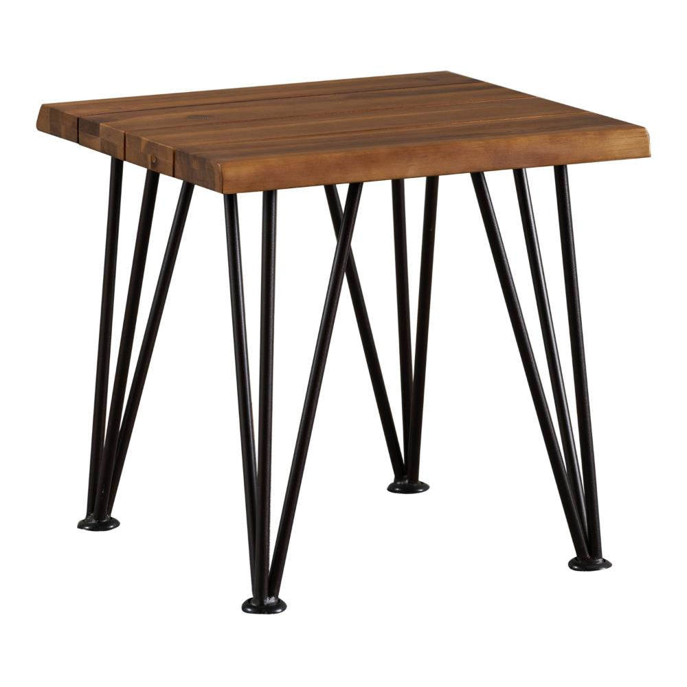 Zion Outdoor Accent Table, 18" Square, Black Hairpin Legs, Brown Wood