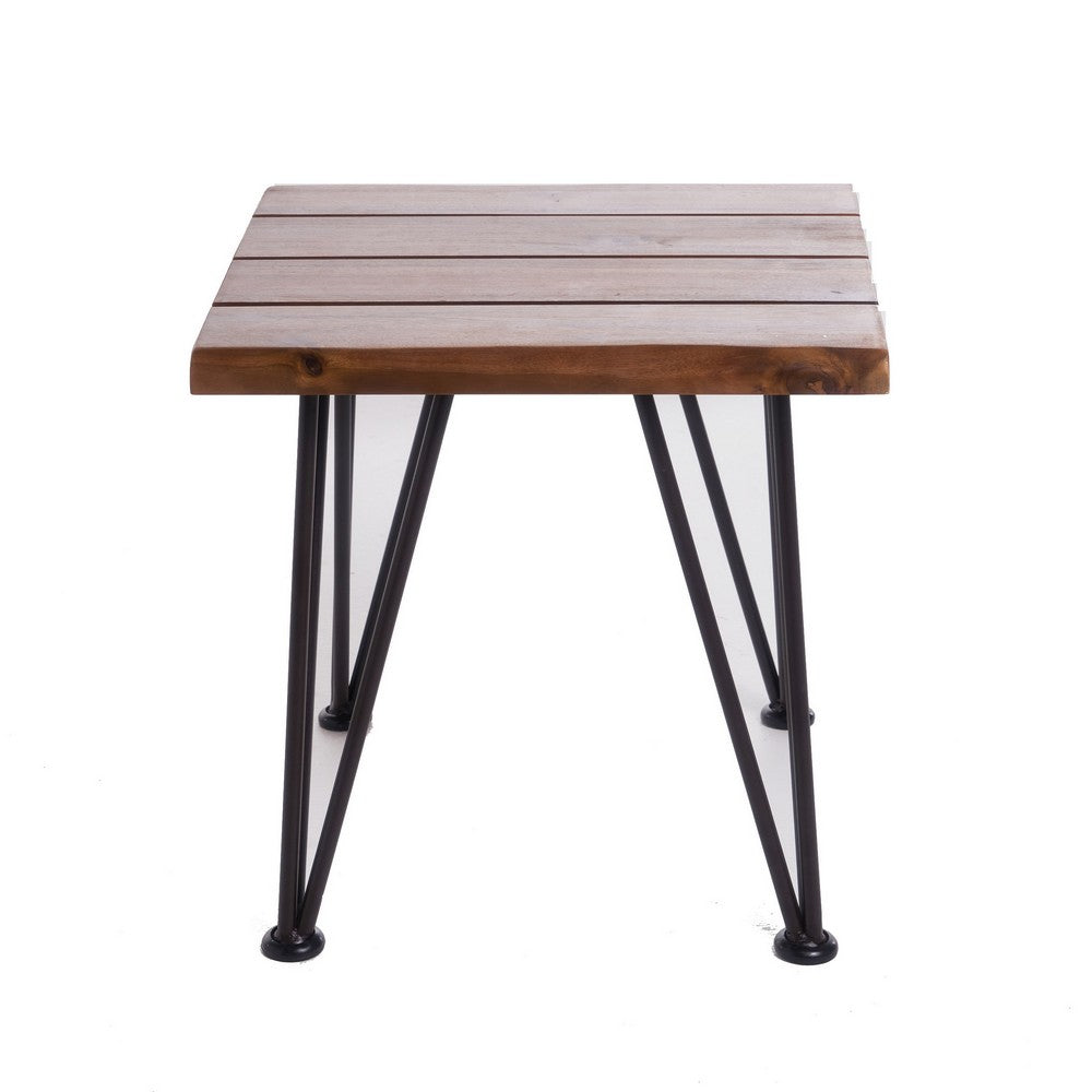 Zion Outdoor Accent Table, 18" Square, Black Hairpin Legs, Brown Wood